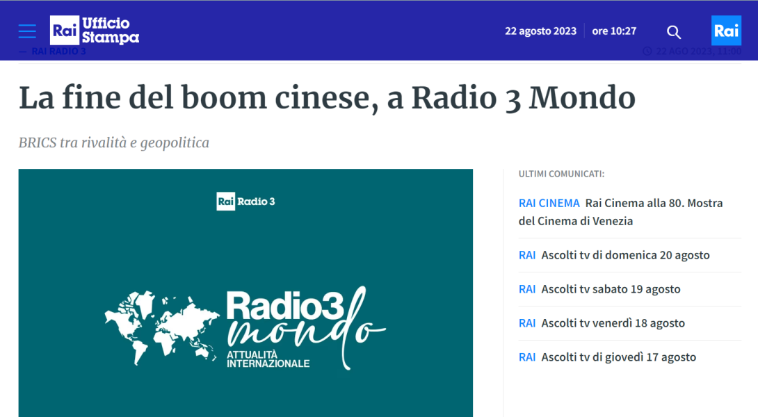 NEWS: 22 agosto 2023 ore 11:00: La Coordinatrice del BRICS Parma, Prof.ssa Lucia Scaffardi, discuterà ai microfoni di RAI Radio 3 Mondo di BRICS, guerra e Cina in crisi